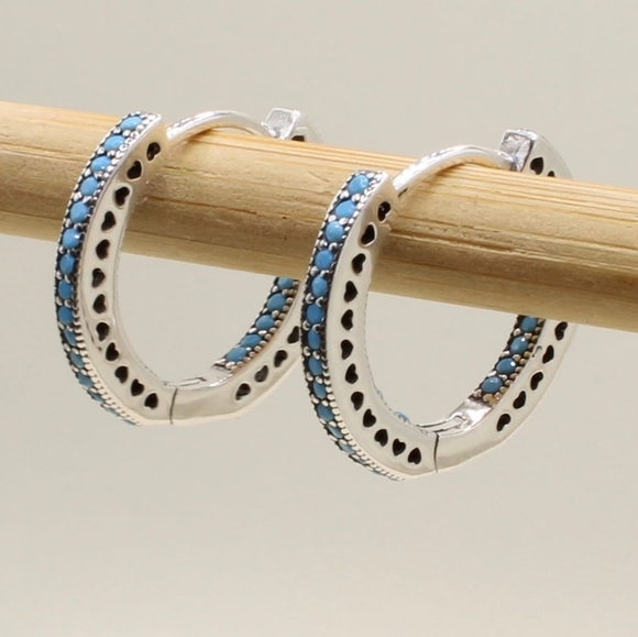 925 Sterling Silver Turqouise Blue Hoop Earring - Picture 2 of 10